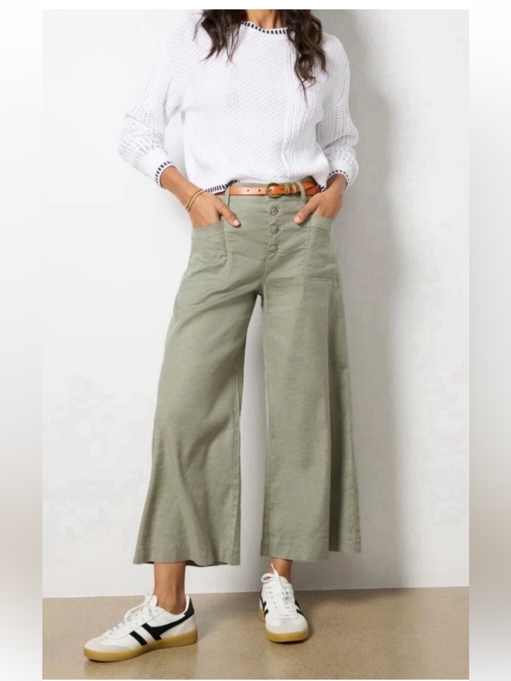 Evereve Olive High-Rise Button-Fly Linen cropped pants